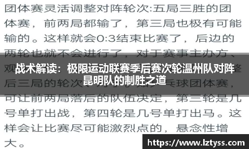 战术解读：极限运动联赛季后赛次轮温州队对阵昆明队的制胜之道